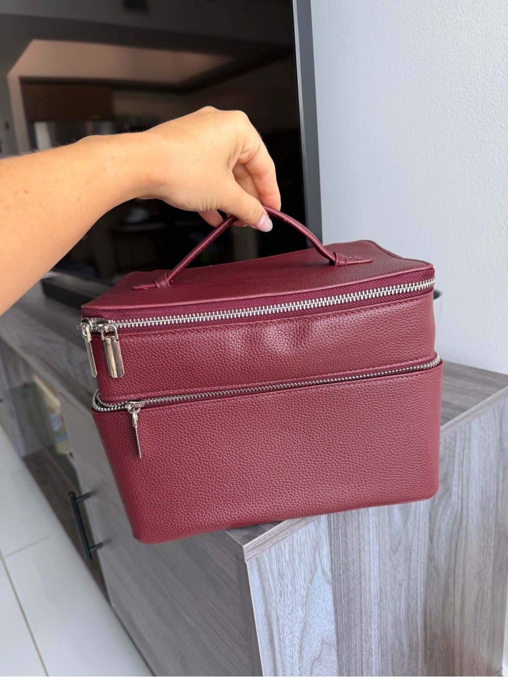Burgundy Leatherette Travel Cosmetic Case with Top Handle
